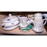 A Spode gold fleur-de-lis meat dish, three 19th century jugs, a tureen and other decorative china
