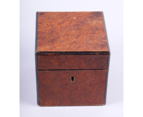 A 19th century amboyna and ebony strung tea caddy, 4 3/4" square