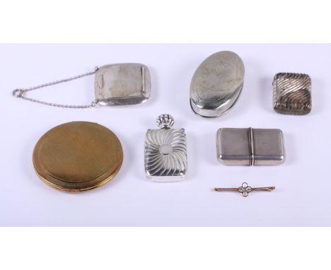 A sliver compact, on suspension chain, a silver plated vesta case, a plated snuffbox, a plated scent bottle, a silver cased c