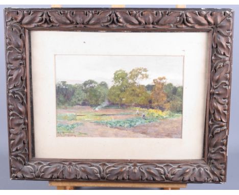 An early 20th century, oil on canvas faced board, figures working in a garden, 7" x 11", in gilt decorated frame, and an oil 