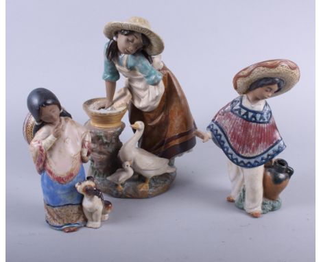 A pair of Lladro figures, Mexican children, and another figure of a young girl with ducks