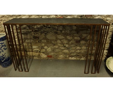 A Soane gilt metal custom-made console table with black marble top, 57" wide x 12" deep