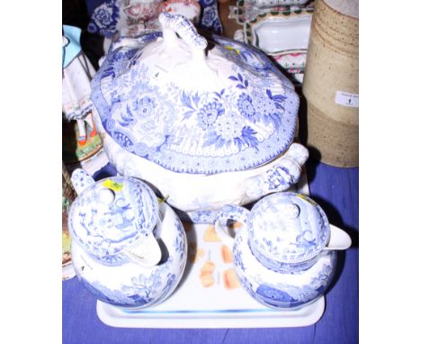 Two early 19th century Spode "Indian Scenes" pattern jugs and covers (damages) and a Davenport blue and white tureen and cove