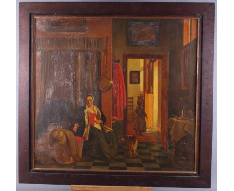 After Dutch 17th century Masters: two oils on board, interiors with figures, one 26" x 22", the other 22" x 24", in oak strip
