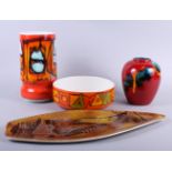 A Poole Pottery "Aegean" boat decorated dish, 17" long, an "Aegean" bowl, 8" dia, and a similar