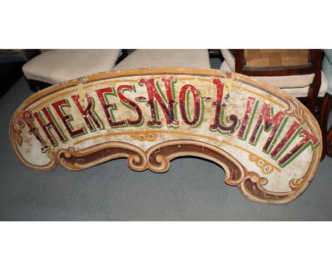 A double-sided fairground sign, "Step on the Gas" and "There's no Limit" verso, 58" long