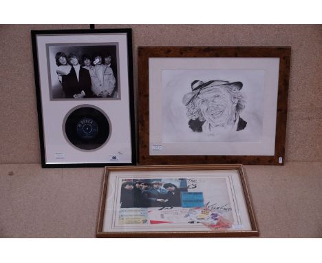 Music Memorabilia - Three framed Rolling Stones items to include ltd edn Come On 7 inch single montage, 5 x contemporary tick