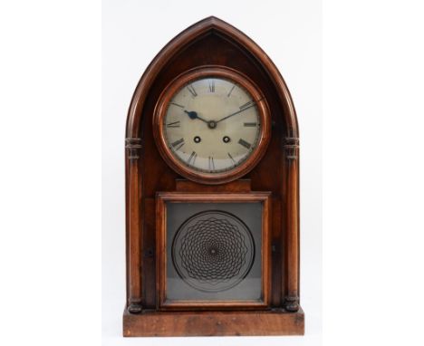 A mahogany and walnut veneer mantel clock, striking gong, silvered dial with Roman numerals, 49cm high
