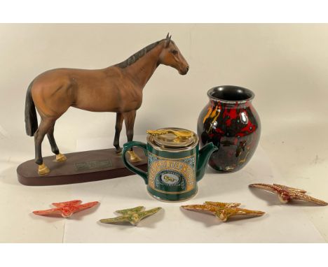A Beswick model of a racing horse 'Nijinsky' together with a Poole pottery 'Living Glaze' vase, ceramic models of birds and a