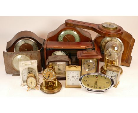 Three boxes of mid 20th century and later mantel clocks, miniature novelty clocks, having manual and quartz movements (3)