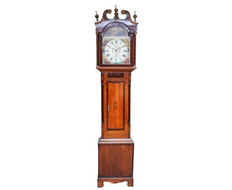 A late 19th century mahogany cased 8 day longcase clock, the hood with shaped pediment and brass finials, glazed door with re