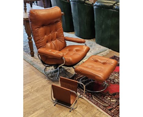 Ekoness, a Stressless reclining swivel tan leather armchair, raised on chrome supports, together with a matching footstool an
