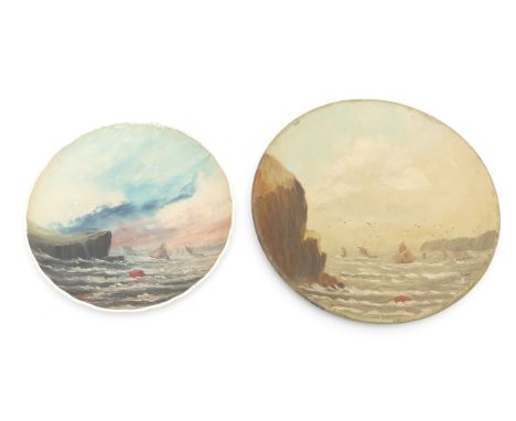 An early 20th century painted ceramic plate, depicting sailing boats on stormy seas, indistinctly signed, 22cm diameter, toge