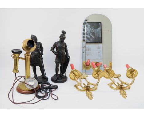 A pair of 20th Century spelter figural knights, together with a pair of brass mirror backed two branch wall sconces and a rep