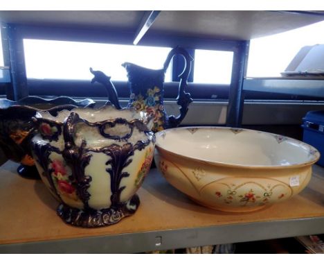 Four ceramic jugs and pots to include floral Capodimonti pouring jug. Not available for in-house P&amp;P 