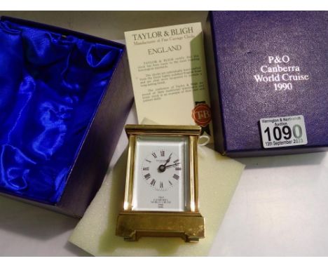 Small brass carriage clock P&amp;O Canberra world cruise 1990, boxed with certificate. UK P&amp;P Group 1 (£16+VAT for the fi