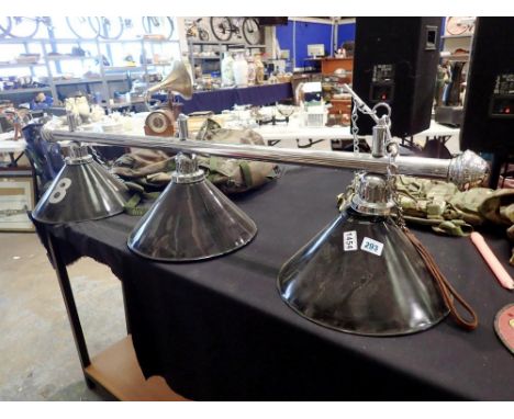 Chrome framed three pendant light fitting with conical black shades, L: 142 cm. Not available for in-house P&amp;P 