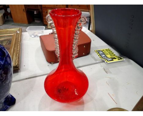 Ruby red vase with glass decoration. H:40cm. Not available for in-house P&amp;P 