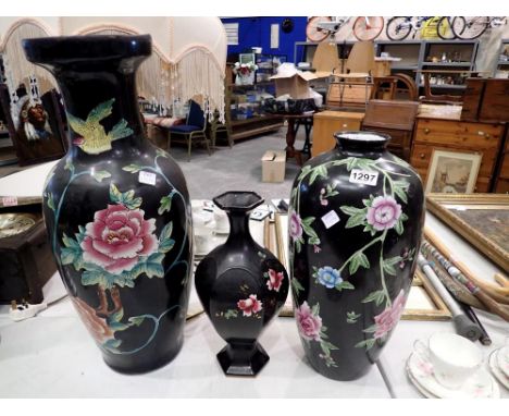 Three black ceramic vases with floral pattern. H: 45cm. Not available for in-house P&amp;P 