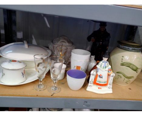 Mixed ceramics and glass including Royal Doulton figural decanter and crested ware. Not available for in-house P&amp;P 