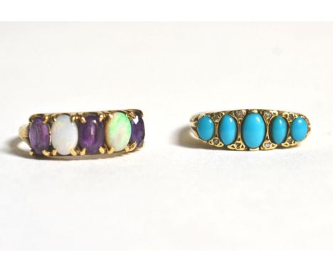 A 9 carat gold turquoise and diamond ring, finger size O1/2 and a 9 carat gold opal and amethyst ring, finger size P (2)