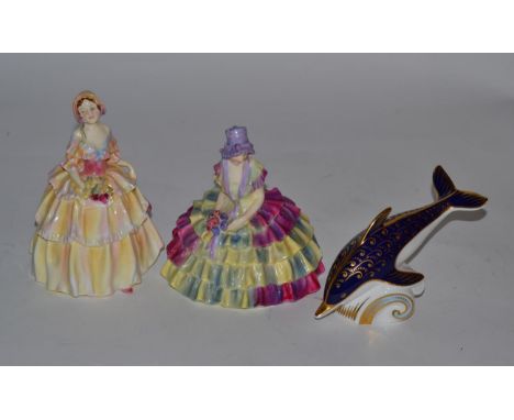 A 1930's Royal Doulton 'Irene' HN1621 and 'Chloe' HN1470; together with a Royal Crown Derby dolphin paperweight with gold but