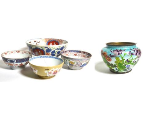 Three various Chinese porcelain bowls (one stapled); a cloisonne enamel pot; and a Japanese Imari ''Black Ship'' bowl decorat