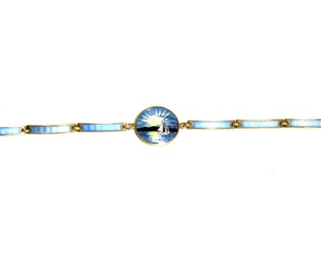 A Norwegian enamel bracelet, by Kristian M. Hestenes, a central blue guilloche enamel disc painted depicting a yacht on water