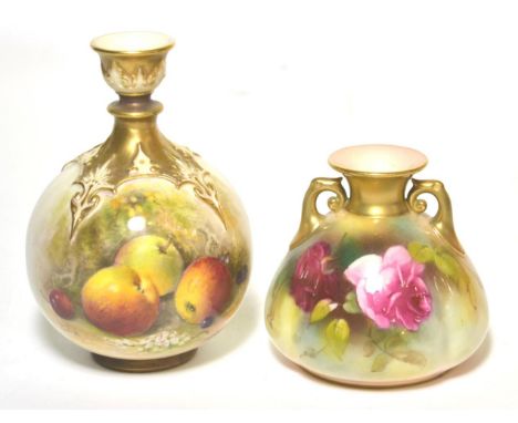 A Royal Worcester fruit painted vase, signed Ricketts; together with another vase decorated with roses (2)