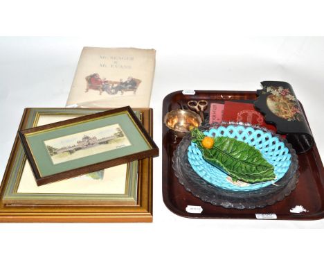 A silver sugar bowl, four thimbles, a button hook and scissors together with a papier mache wall pocket, pressed glass, pictu