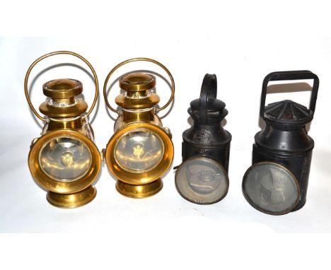 A pair of H&amp;B brass side lamps; a Polkey lamp and one other similar (4)