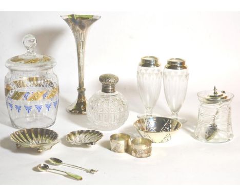 Assorted silver items to include a posy vase; butter shells; various silver mounted glass items including a scent bottle; and