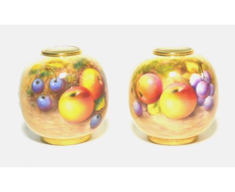 Pair of Royal Worcester fruit painted vases, shape no. 2419, signed Roberts 