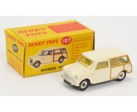 Dinky Toys 197 Morris Mini Traveller - Off White, yellow interior, silver trim spun hubs - Good Plus in a Good yellow and red