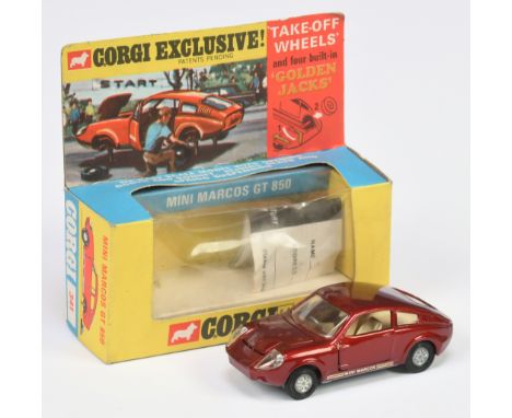 Corgi Toys 341 Mini Marcos&nbsp; GT 850 - Metallic Maroon body, cream interior, grey base, Golden Jacks Take-Off Wheels - Exc