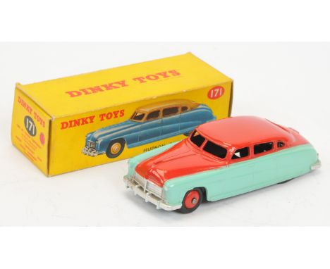 Dinky Toys 171 Hudson Commodore Sedan - Two-Tone High-Line Turquoise and red including rigid hubs, silver trim - Good Plus in