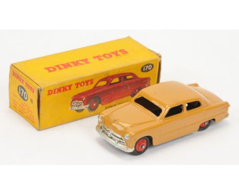 Dinky Toys 170 Ford Fordor Sedan - Tan body, silver trim and red rigid hubs - Good Plus (flat spot on one rear tyre) in a Goo