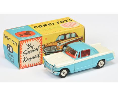 Corgi Toys 231 Triumph herald Coupe - Two-Tone white and blue, red interior, silver trim and spun hubs - Good (small paint to