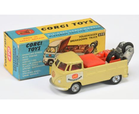 Corgi Toys 490 Volkswagen Breakdown Truck - Beige body, red interior, silver trim and cast hubs - Good Plus in a Good blue an