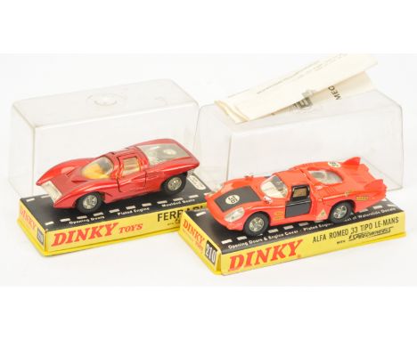 Dinky Toys A pair Of Racing Cars - (1) 210 Alfa Romeo Tipo Le Mans - Florescent Orange, black, cast hubs and (2) 220 Ferrari 