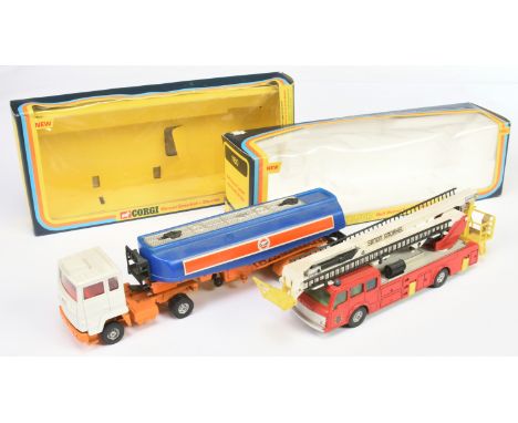 Corgi Toys A Pair - (1) 1126 Dennis Fire Engine - Red, white, yellow and (2) 1160 Ford Tanker "Gulf" - Blue, white, orange - 