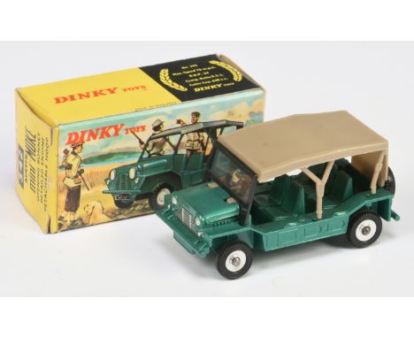 Dinky Toys 342 Austin Mini Moke - Green body, plastic canopy, chrome spun hubs - Near Mint in a Good yellow and red carded bo