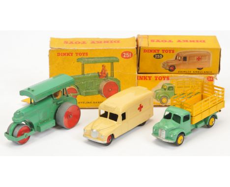 Dinky Toys Group Of 3 To Include - (1) 251 Aveling Barford Road Roller - Green, red metal wheels, (2)&nbsp; yellow and red ca