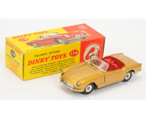 Dinky Toys 114 Triumph Spitfire Sports Car - Gold body, red interior, silver trim and spun hubs - Good bright example in a Go