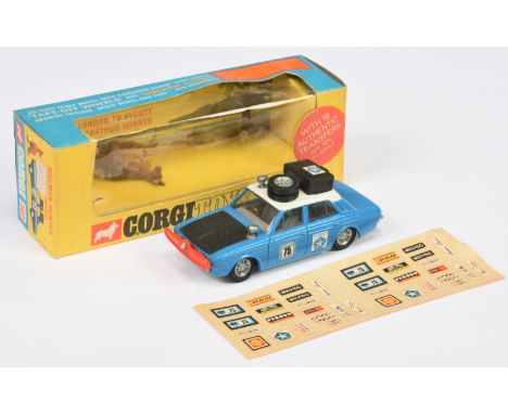 Corgi Toys 302 Hillman Hunter "London to Sydney Marathon Winner" - Blue body, white roof, black bonnet, pale grey interior, G