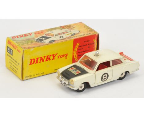 Dinky Toys 212 Ford Cortina Rally Car - Off white, black bonnet, red interior, spun hubs, chrome trim and roof spot-light - F