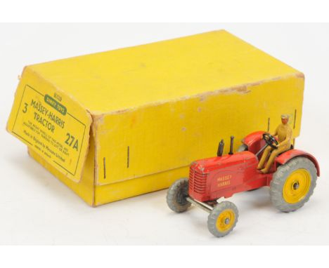 Dinky Toys 27A Trade pack Massey Tractor - Red with yellow metal wheels, light tan figure and tow hook - Fair including yello