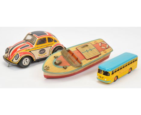 Tinplate Group Of 3 To Include - (1) Modern Toys (Japan) Speed Boat, (2) Tayio Large Scale Volkswagen and (3) CK Coach - Yell