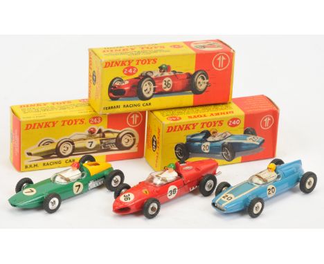 Dinky Toys Racing Cars Group Of 3 - (1) 240 Cooper - Blue and white, racing No.20, (2) 242 Ferrari - Red, racing No.36 and (3