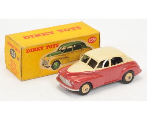 Dinky Toys 159 Morris Oxford Saloon - Two-Tone Cerise and cream, light beige rigid hubs, silver trim - Good Plus (small chip 